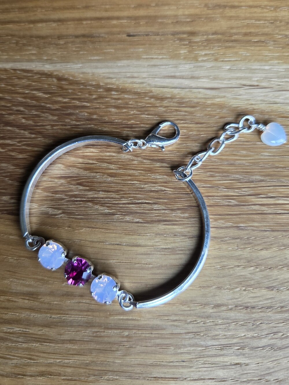 Silver Bar Bracelet with Two Pink Opal & One Fuschia Crystals, Hand Crafted - Picture 2 of 9